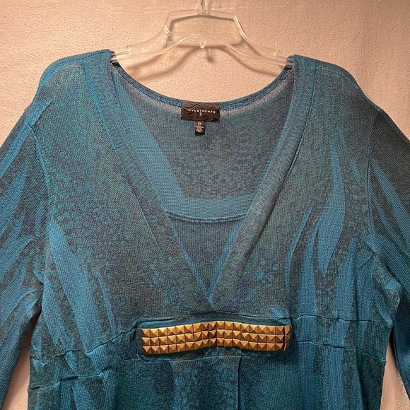 Blue-Green Marbled Sweater Blouse with Brass Stud Detail by Investments in 2X - Picture 3 of 14